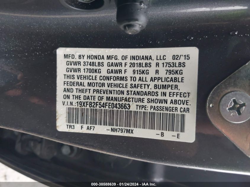 2015 HONDA CIVIC LX - 19XFB2F54FE043663