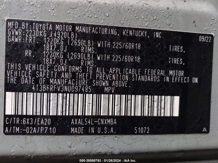 2022 TOYOTA RAV4 XLE PREMIUM HYBRID - 4T3B6RFV3NU097485