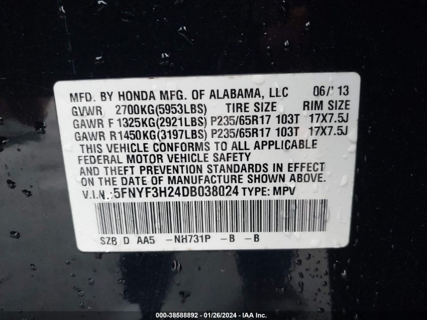 2013 HONDA PILOT LX - 5FNYF3H24DB038024