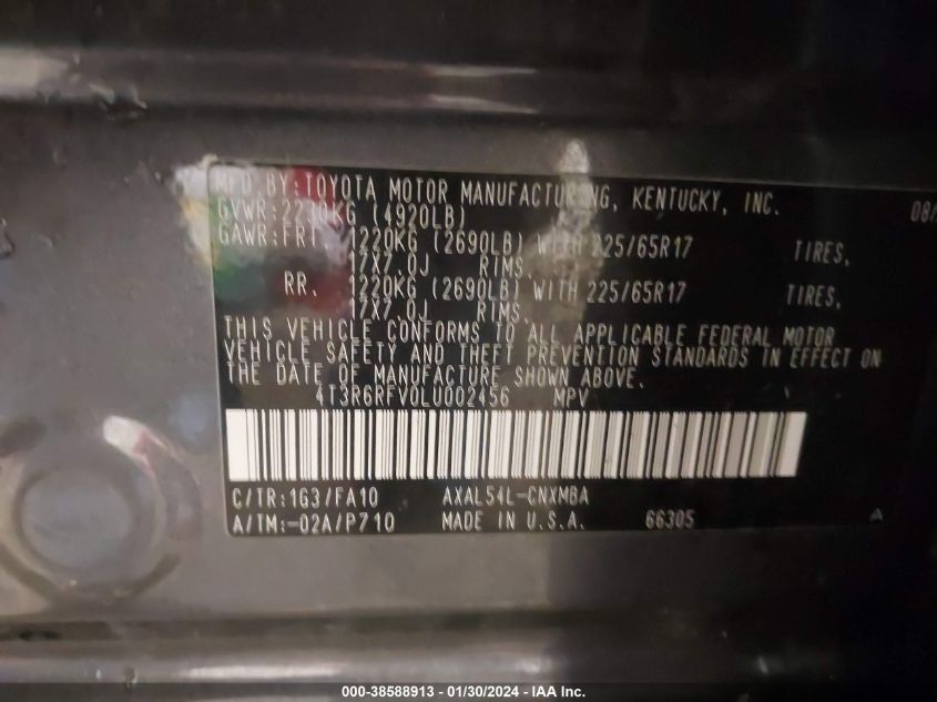 2020 TOYOTA RAV4 XLE HYBRID - 4T3R6RFV0LU002456