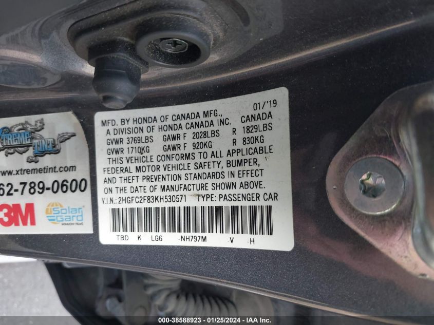 2019 HONDA CIVIC SPORT - 2HGFC2F83KH530571