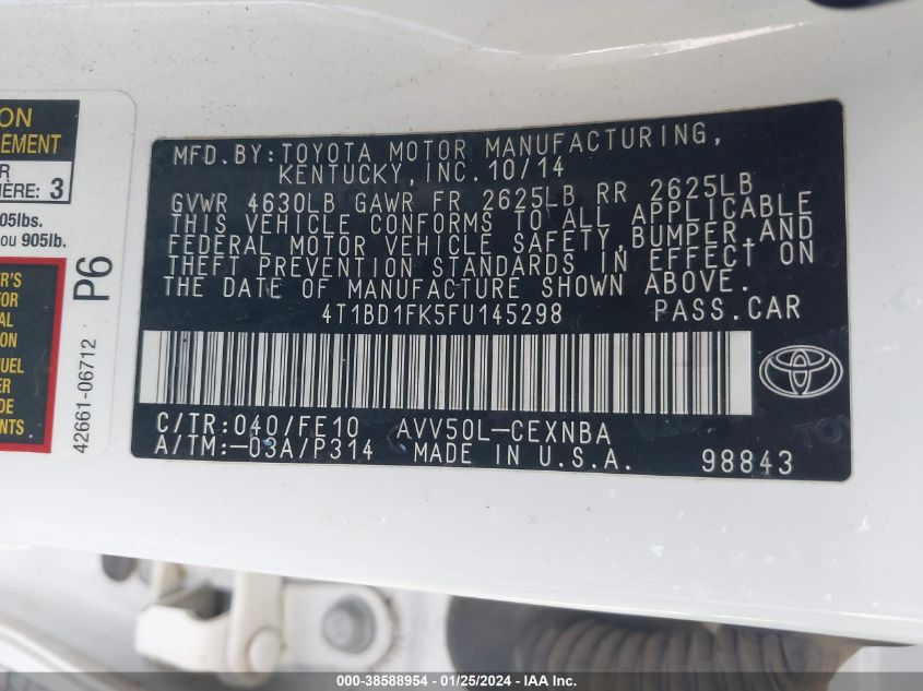 2015 TOYOTA CAMRY HYBRID LE - 4T1BD1FK5FU145298