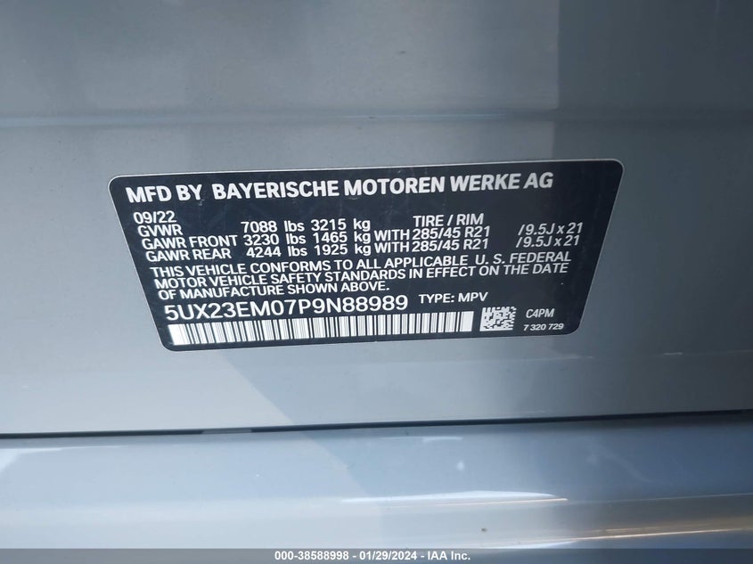 VIN 5UX23EM07P9N88989 2023 BMW X7 XDRIVE40I