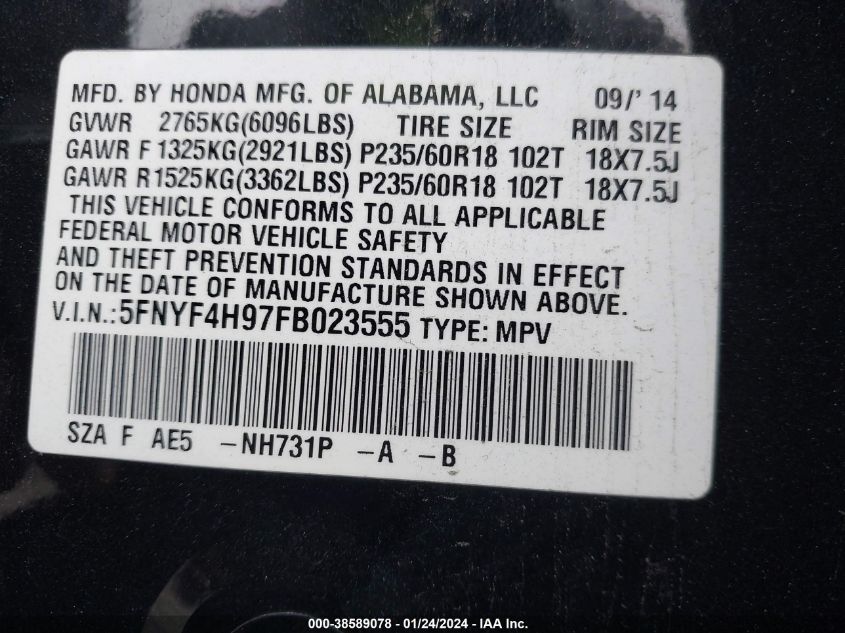 2015 HONDA PILOT TOURING - 5FNYF4H97FB023555