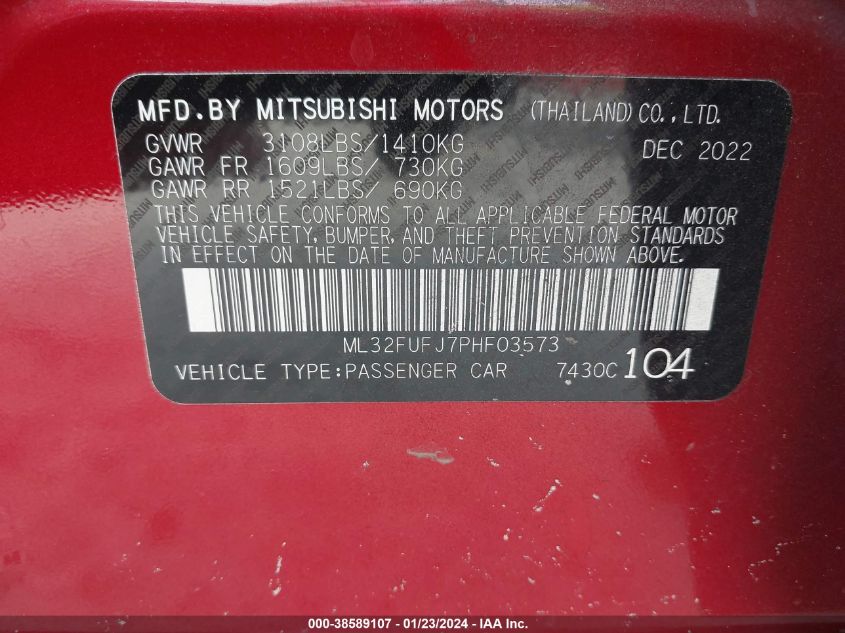 2023 MITSUBISHI MIRAGE G4 G4 ES/G4 LE/G4 BLACK EDIT - ML32FUFJ7PHF03573