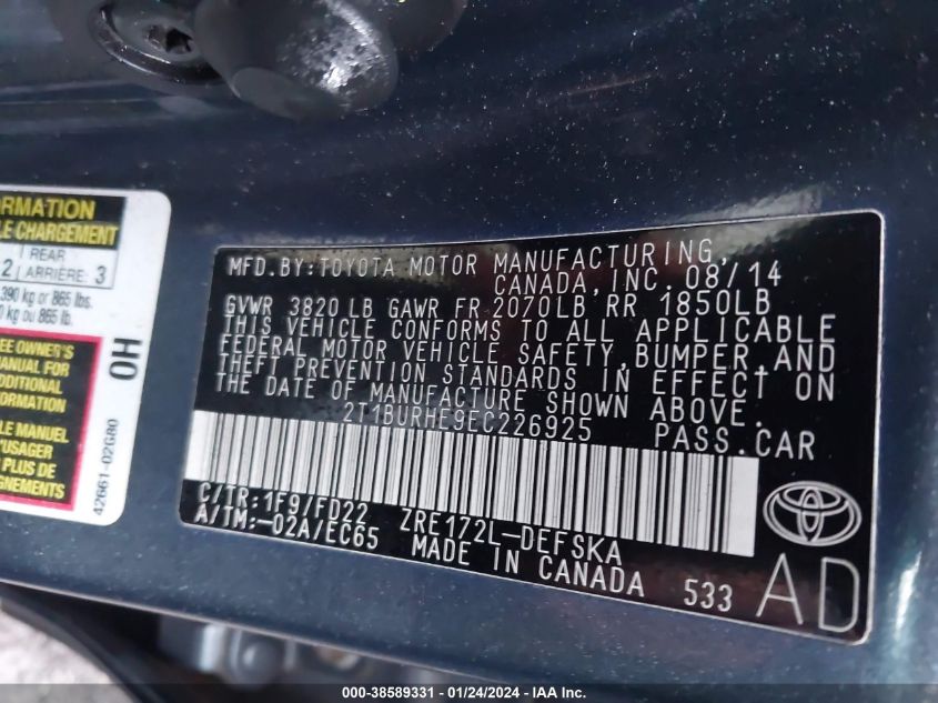 2014 TOYOTA COROLLA S PLUS - 2T1BURHE9EC226925