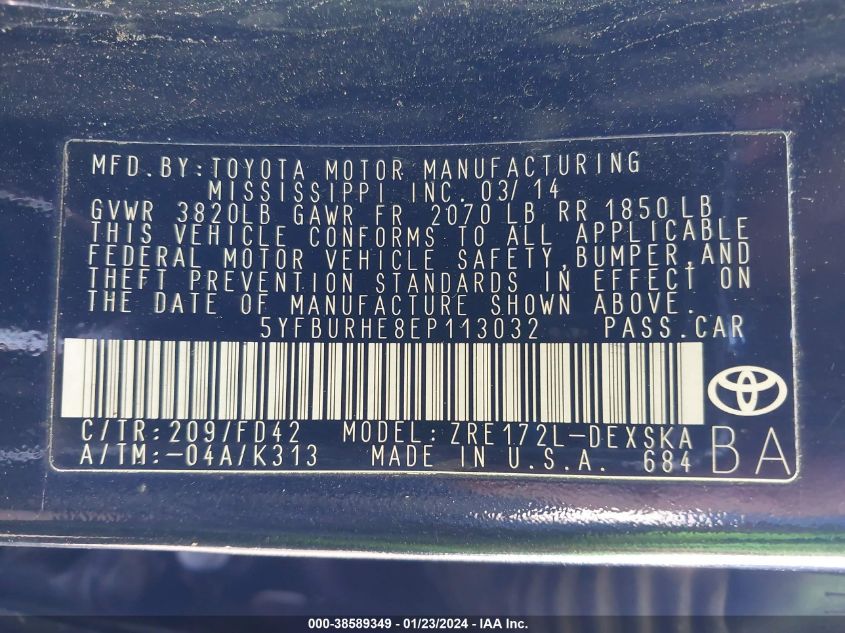 2014 TOYOTA COROLLA S PLUS - 5YFBURHE8EP113032