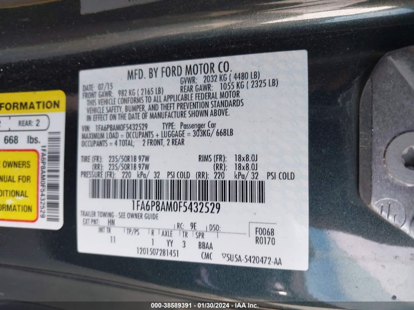 2015 FORD MUSTANG - 1FA6P8AM0F5432529