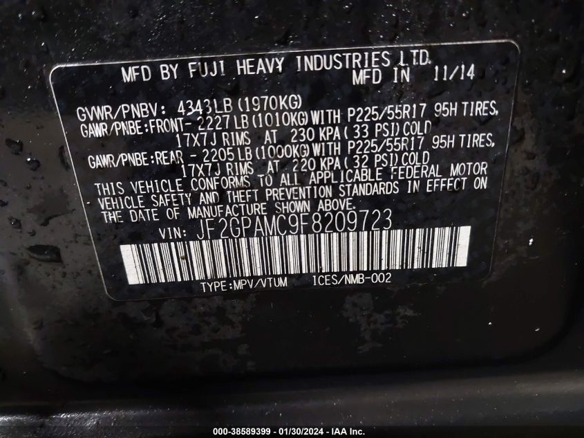 2015 SUBARU XV CROSSTREK 2.0I LIMITED - JF2GPAMC9F8209723