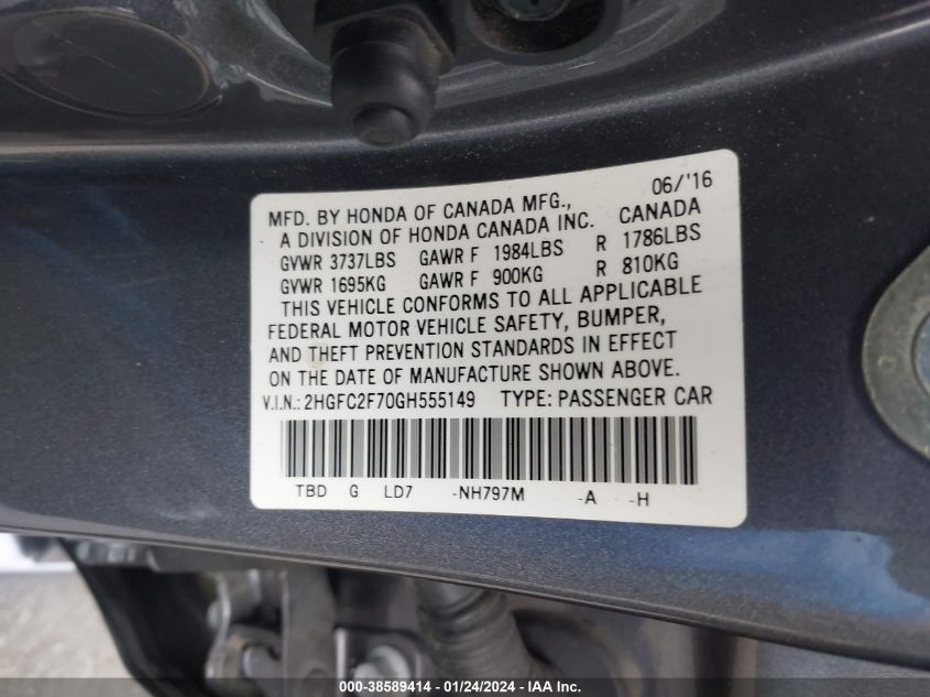 2016 HONDA CIVIC EX - 2HGFC2F70GH555149