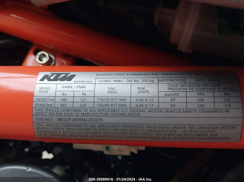 2022 KTM 390 DUKE MD2JPJ40XNC253276