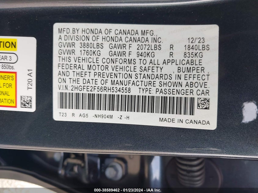 VIN 2HGFE2F56RH534558 2024 HONDA CIVIC SPORT