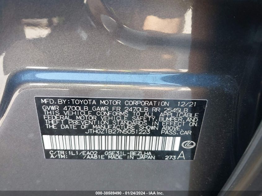 2022 LEXUS IS 350 F SPORT - JTHGZ1B27N5051223