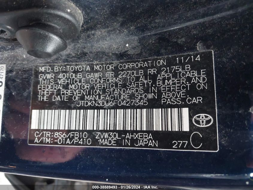 2015 TOYOTA PRIUS - JTDKN3DU6F0427345