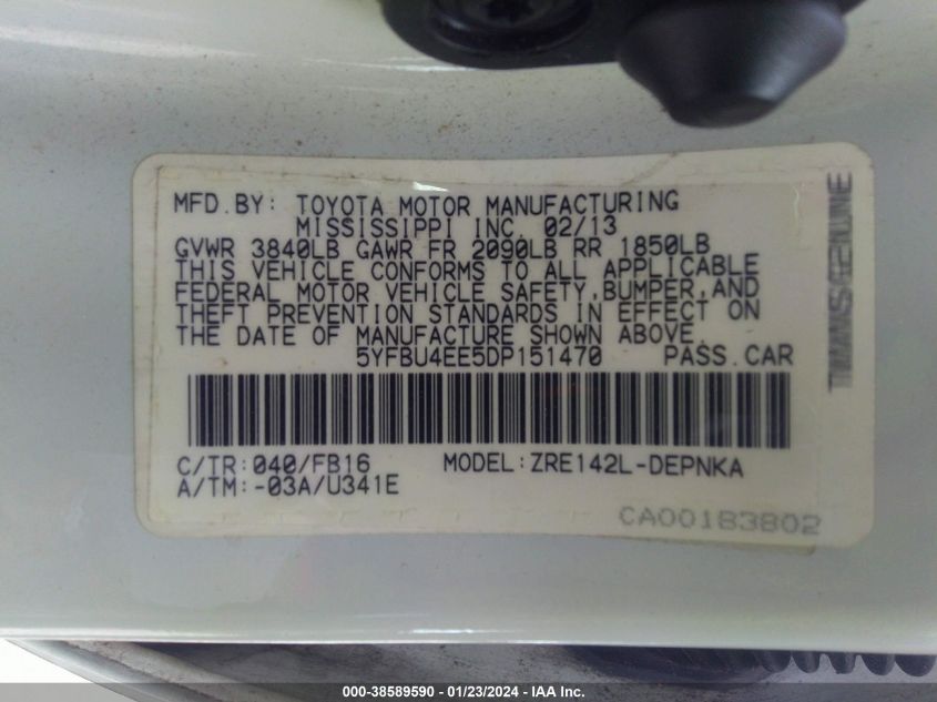 2013 TOYOTA COROLLA LE - 5YFBU4EE5DP151470