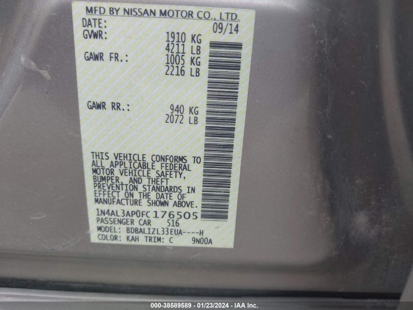 2015 NISSAN ALTIMA 2.5 SV - 1N4AL3AP0FC176505