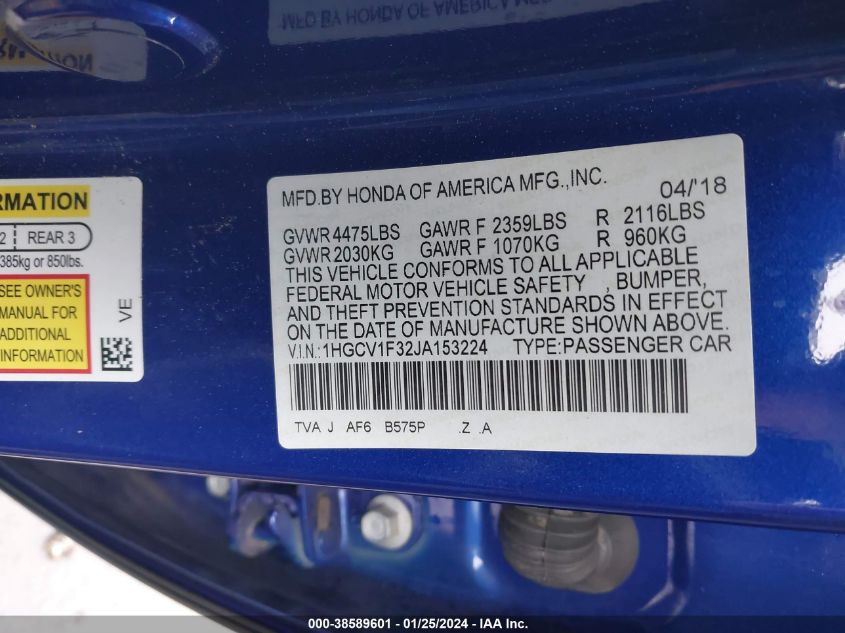 2018 HONDA ACCORD SPORT - 1HGCV1F32JA153224