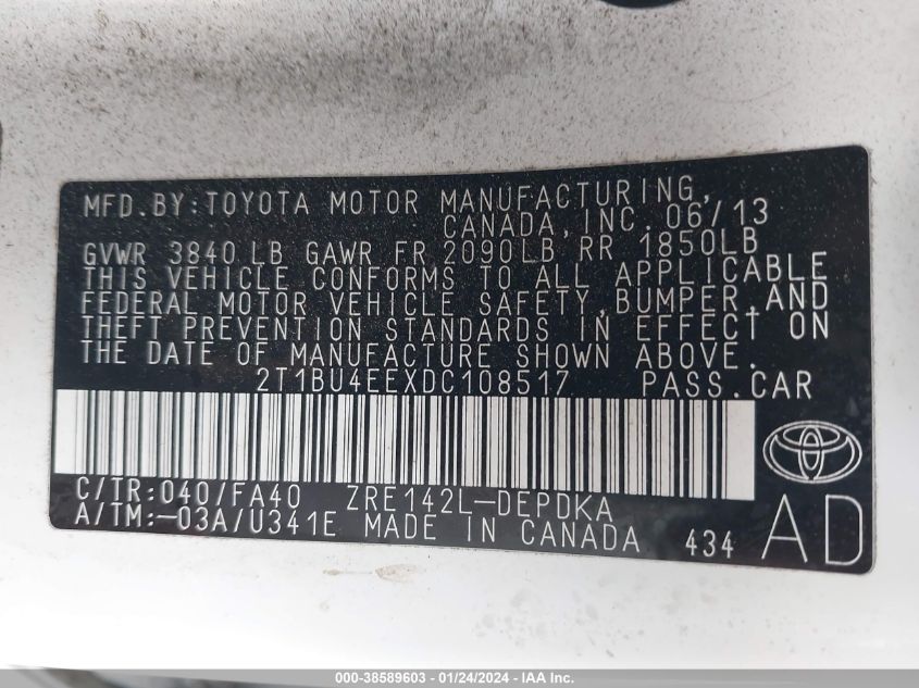 2013 TOYOTA COROLLA L - 2T1BU4EEXDC108517