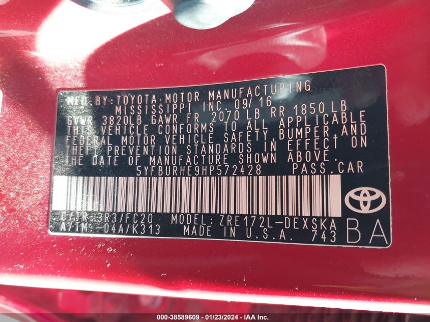 2017 TOYOTA COROLLA L/LE/XLE/SE/XSE - 5YFBURHE9HP572428