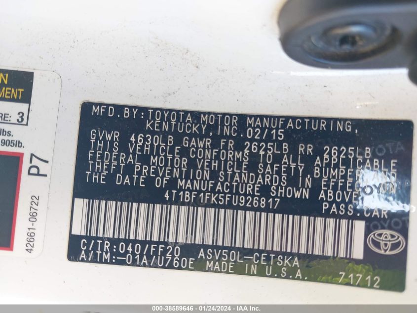 2015 TOYOTA CAMRY SE - 4T1BF1FK5FU926817