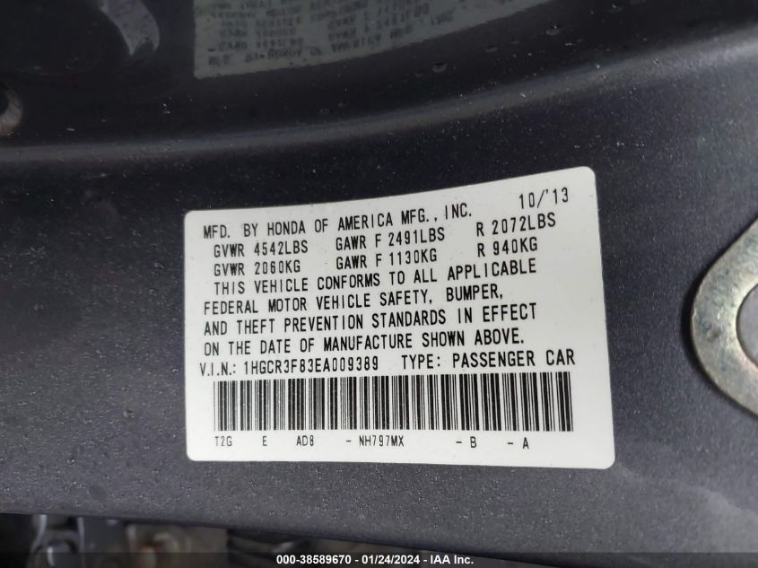 2014 HONDA ACCORD EX-L V-6 - 1HGCR3F83EA009389
