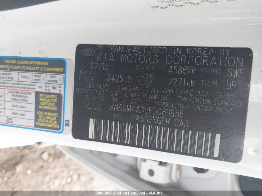 2015 KIA OPTIMA HYBRID - KNAGM4AD5F5089956