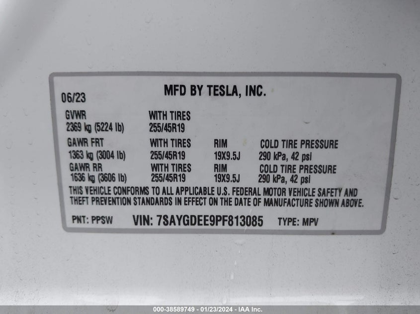 VIN 7SAYGDEE9PF813085 2023 TESLA MODEL Y