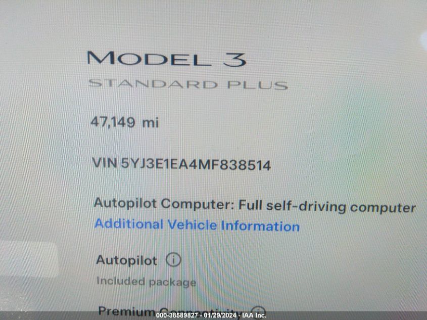 2021 TESLA MODEL 3 STANDARD RANGE PLUS REAR-WHEEL DRIVE - 5YJ3E1EA4MF838514