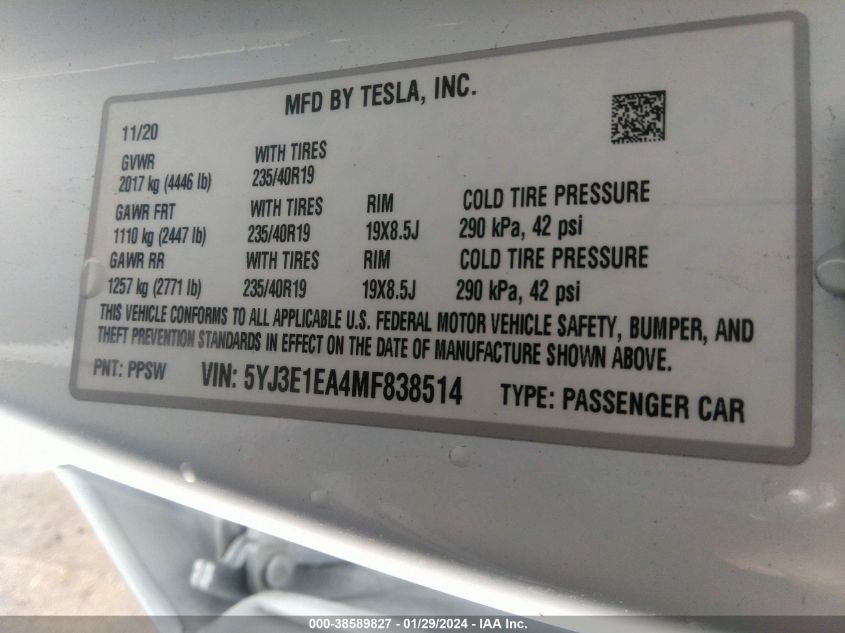 2021 TESLA MODEL 3 STANDARD RANGE PLUS REAR-WHEEL DRIVE - 5YJ3E1EA4MF838514