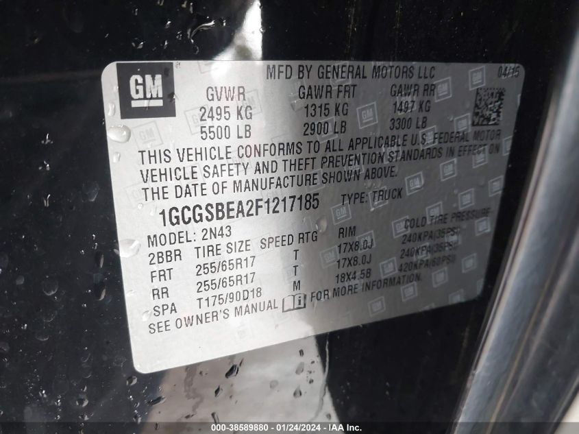 2015 CHEVROLET COLORADO LT - 1GCGSBEA2F1217185