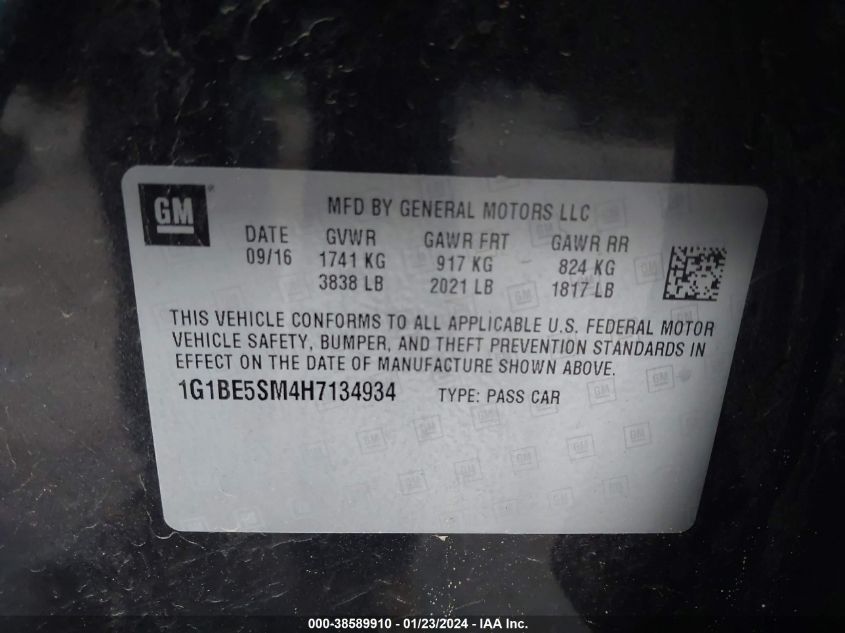 2017 CHEVROLET CRUZE LT - 1G1BE5SM4H7134934