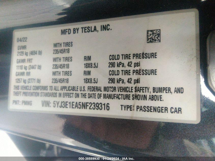 2022 TESLA MODEL 3 REAR-WHEEL DRIVE - 5YJ3E1EA5NF239316