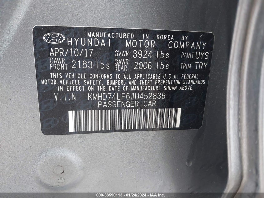 VIN KMHD74LF6JU452836 2018 HYUNDAI ELANTRA SE