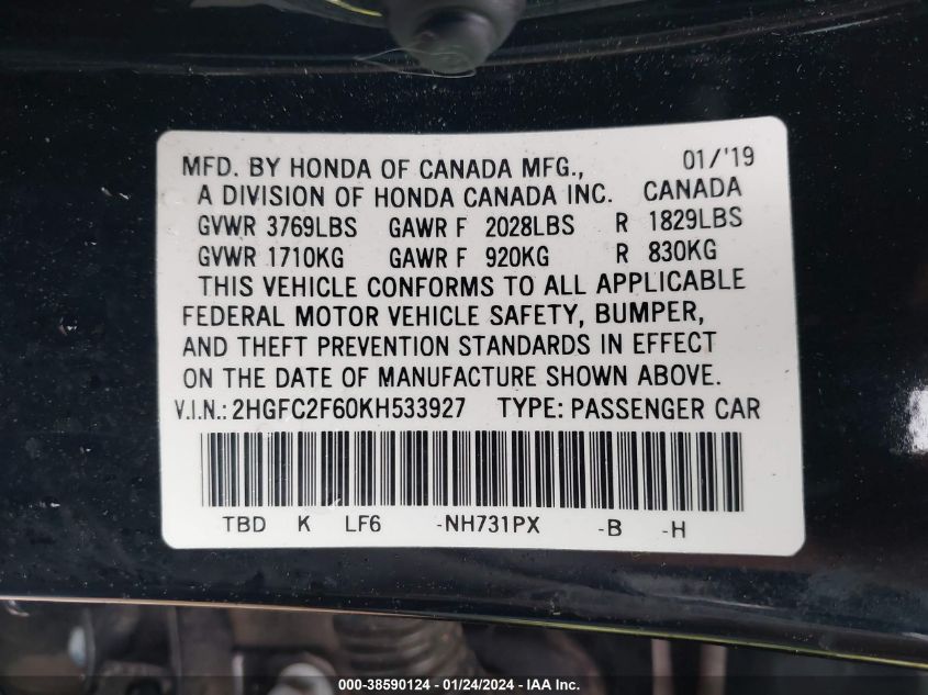 2019 HONDA CIVIC LX - 2HGFC2F60KH533927