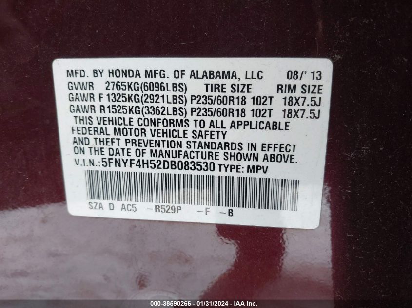 2013 HONDA PILOT EX-L - 5FNYF4H52DB083530