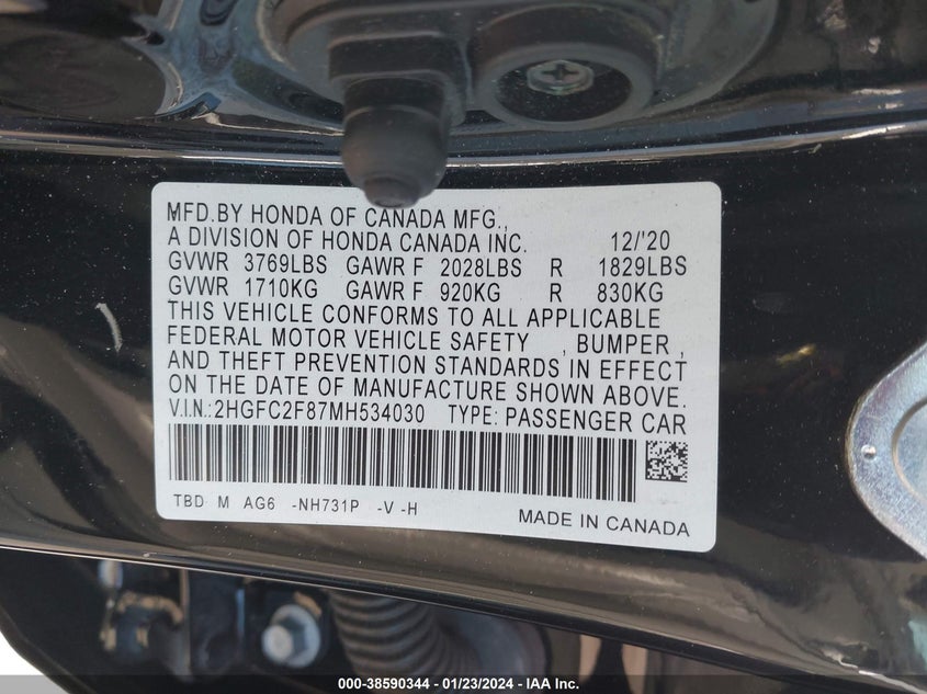 VIN 2HGFC2F87MH534030 2021 HONDA CIVIC SPORT