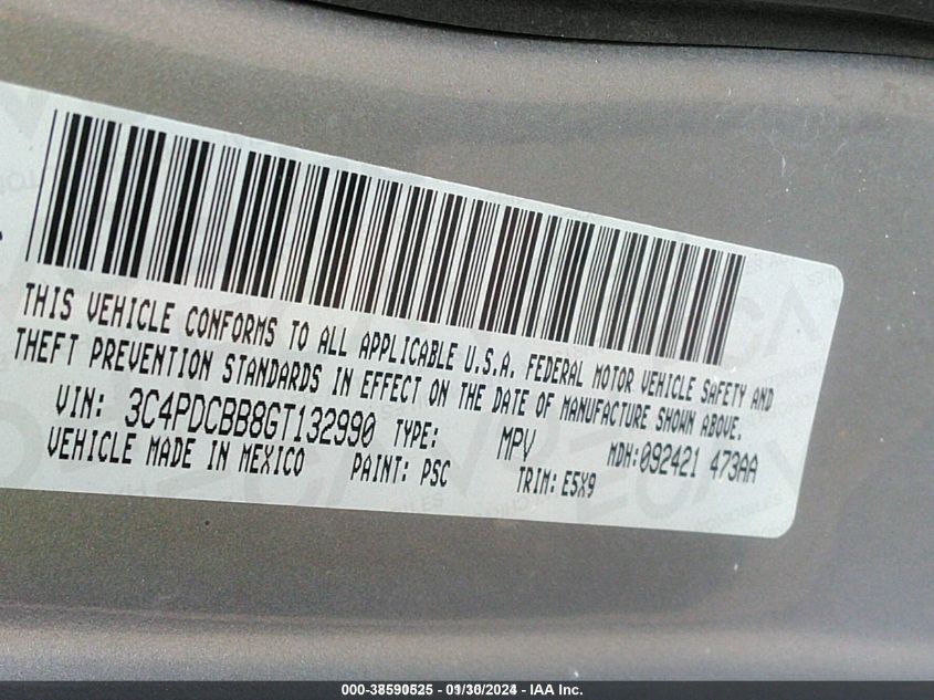 2016 DODGE JOURNEY SXT - 3C4PDCBB8GT132990