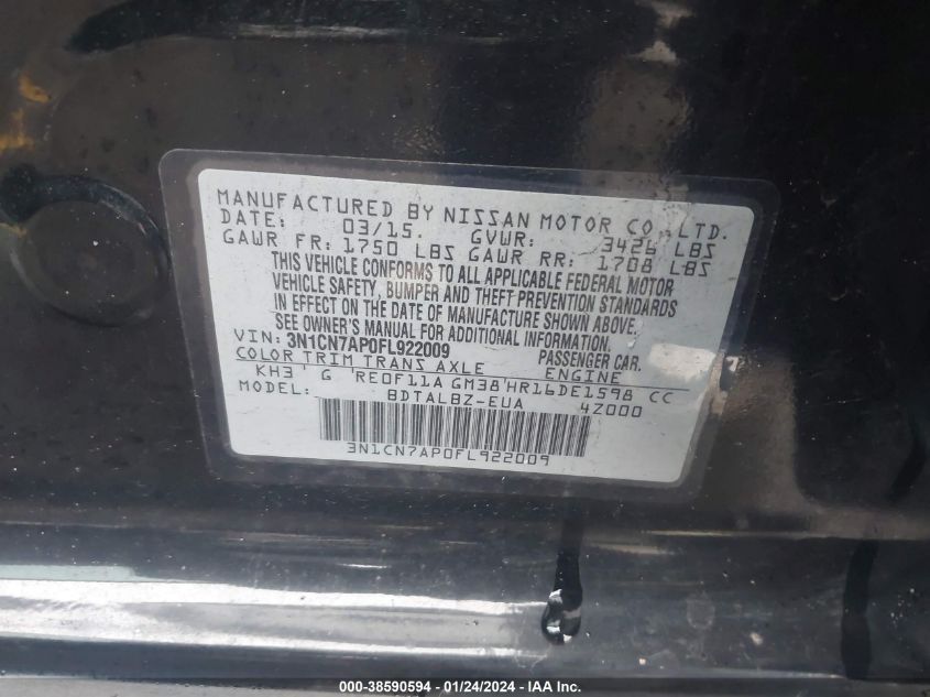 2015 NISSAN VERSA 1.6 SV - 3N1CN7AP0FL922009