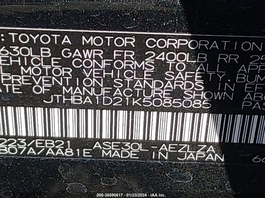 2019 LEXUS IS 300 - JTHBA1D21K5085085