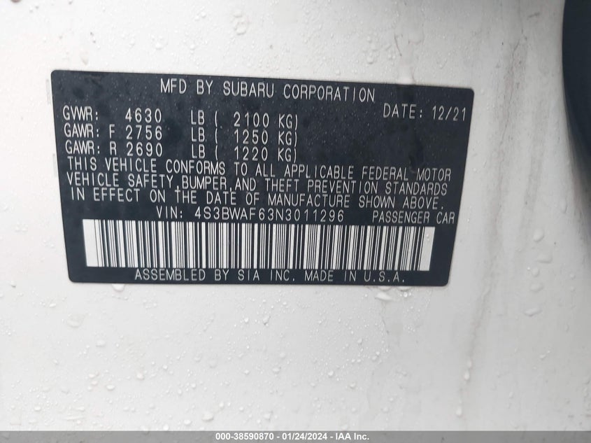 VIN 4S3BWAF63N3011296 2022 SUBARU LEGACY PREMIUM