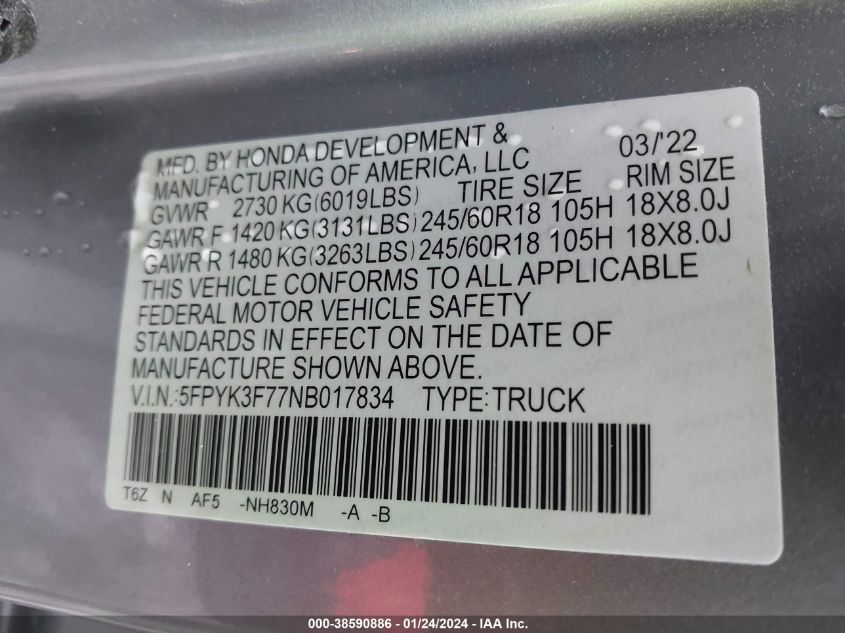 2022 HONDA RIDGELINE RTL-E - 5FPYK3F77NB017834