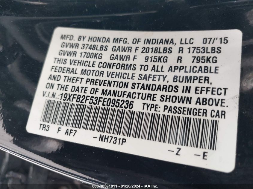 2015 HONDA CIVIC LX - 19XFB2F53FE095236