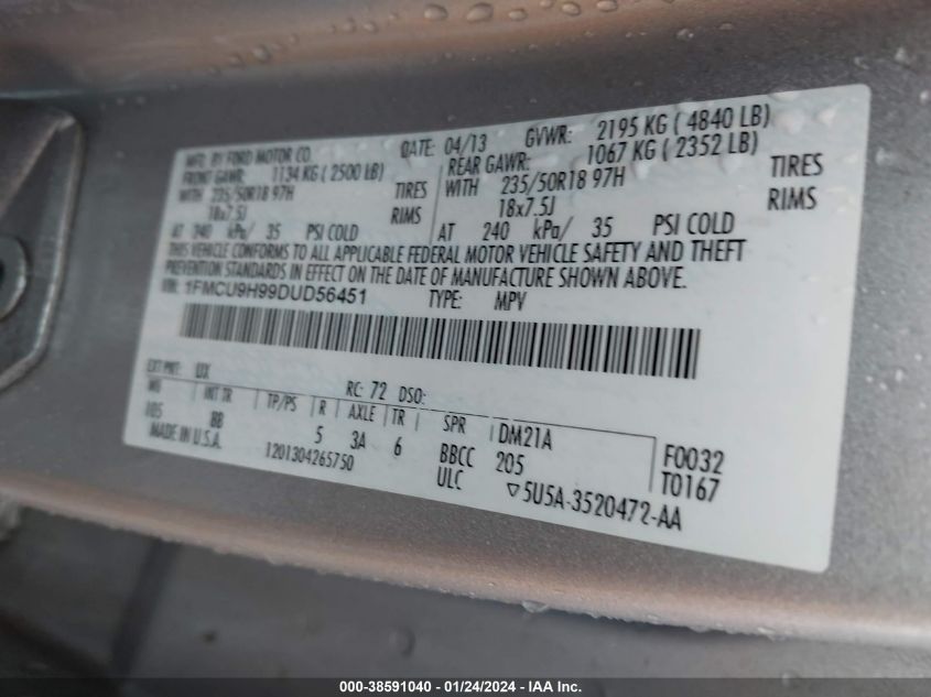 2013 FORD ESCAPE SEL - 1FMCU9H99DUD56451