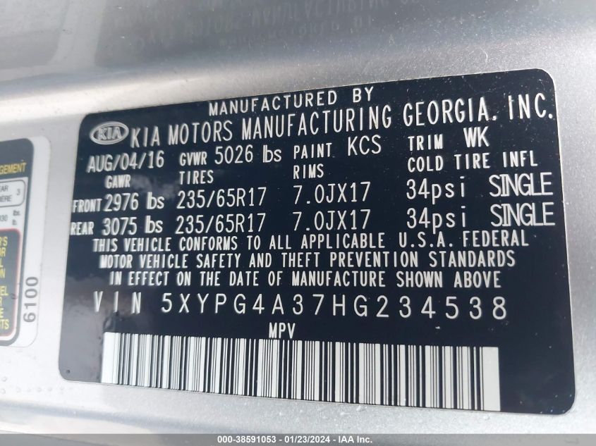 2017 KIA SORENTO LX/L - 5XYPG4A37HG234538