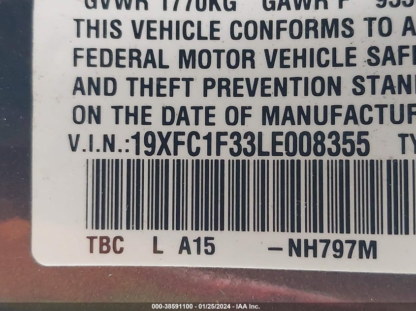 VIN 19XFC1F33LE008355 2020 HONDA CIVIC EX