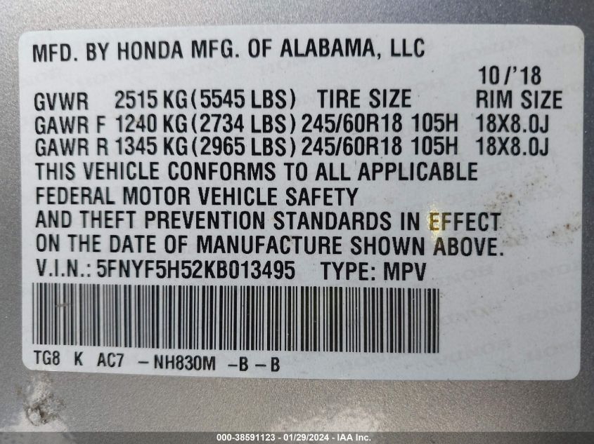 2019 HONDA PILOT EX-L - 5FNYF5H52KB013495