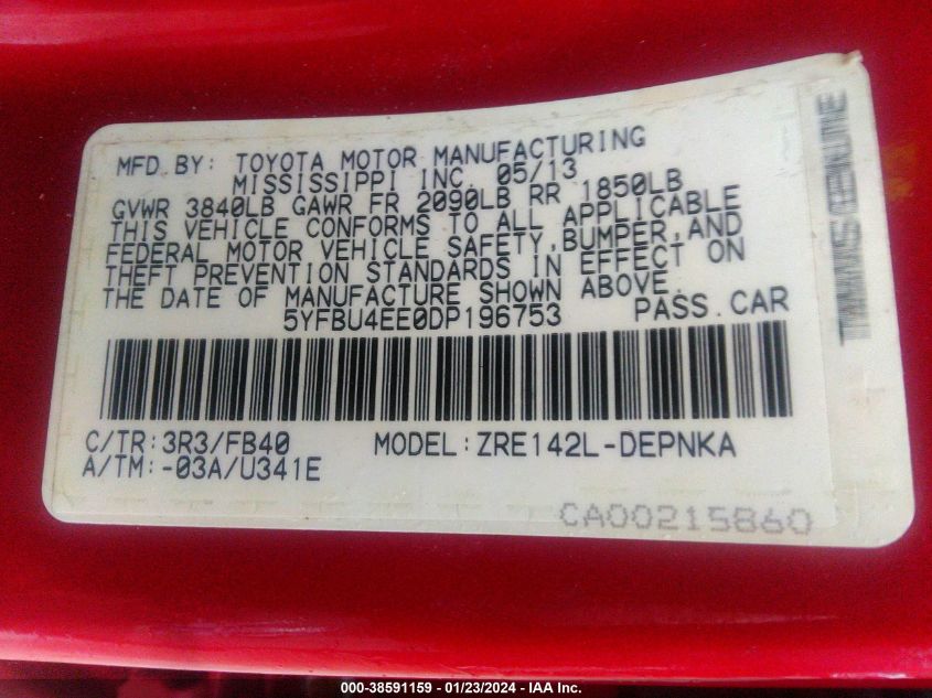 2013 TOYOTA COROLLA LE - 5YFBU4EE0DP196753