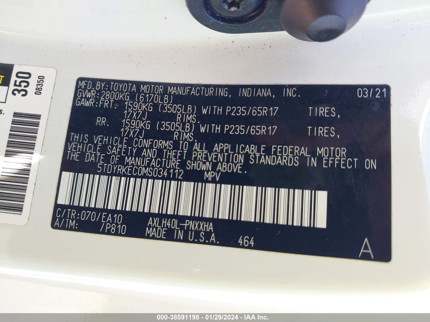 VIN 5TDYRKEC0MS034112 2021 TOYOTA SIENNA XLE