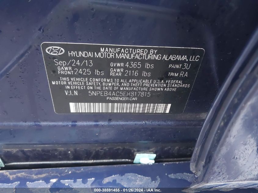 2014 HYUNDAI SONATA GLS - 5NPEB4AC5EH817815