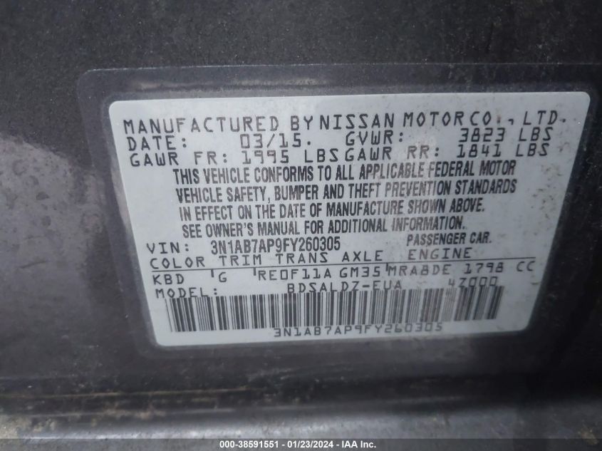 2015 NISSAN SENTRA FE+ S/S/SL/SR/SV - 3N1AB7AP9FY260305